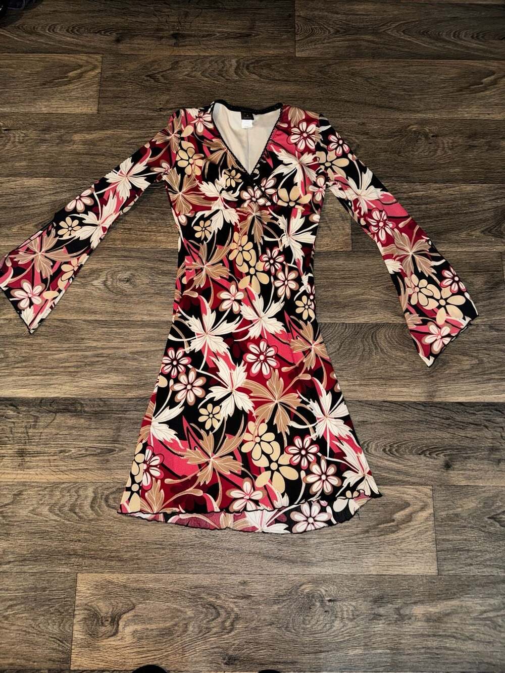 Vintage Y2K Flare Sleeve Floral Print Mesh Dress hippie festival feminine - Picture 3 of 11